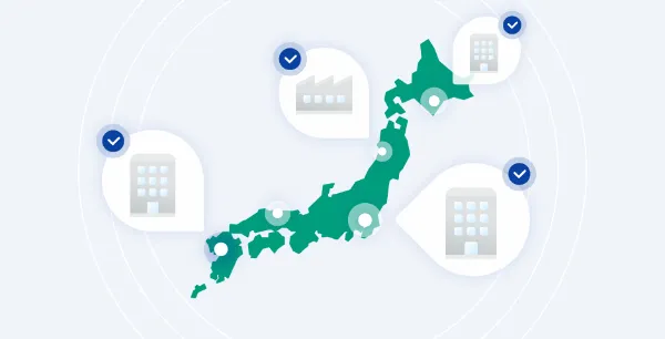 2つ目の特徴を説明する図:ハピネスパートナーズを導入することで、全国各地の事業所・工場の健康診断や情報管理をスムーズに行う様子を表しています。